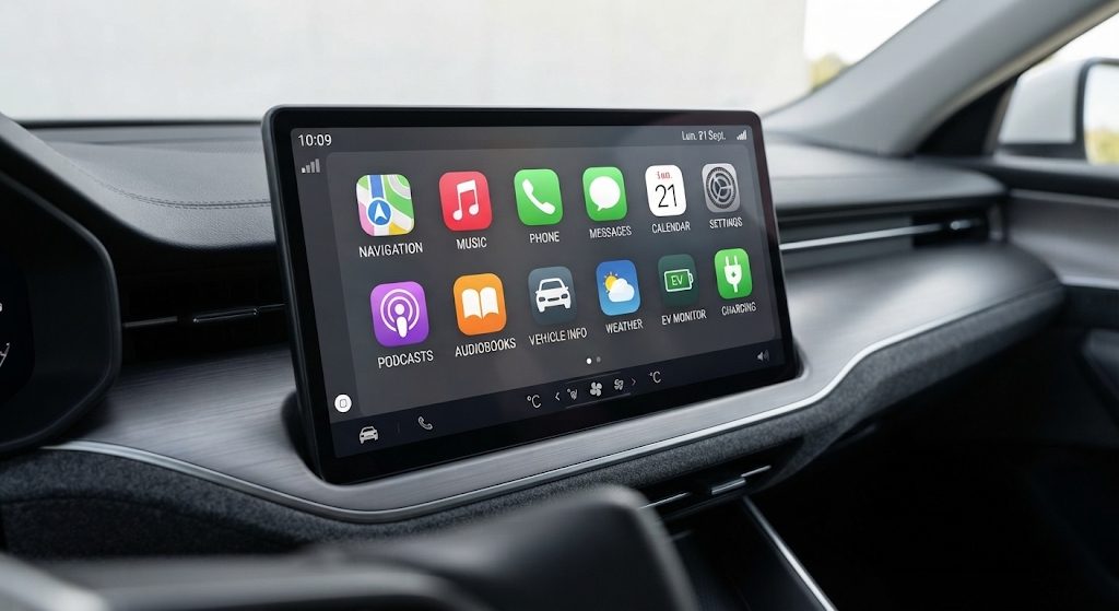كيف اضيف تطبيقات في CarPlay: الشاشة الرئيسية لـ CarPlay مع التطبيقات على شاشة السيارة