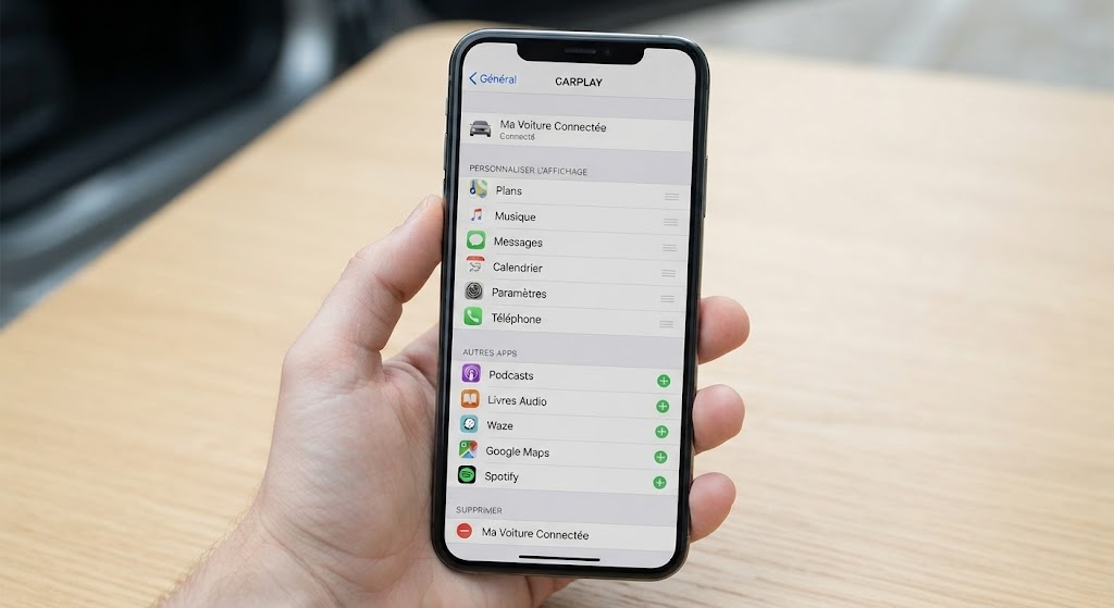 إعدادات CarPlay على الآيفون مع قائمة التطبيقات وأزرار الإضافة لإضافة التطبيقات